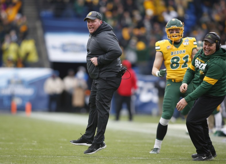 Jan 11, 2020; Frisco, Texas, USA; North Dakota State Bison head coach Matt Entz reacts to a touchdown on a fake field goal in the second quarter against the James Madison Dukes at Toyota Stadium. Mandatory Credit: Tim Heitman-USA TODAY Sports