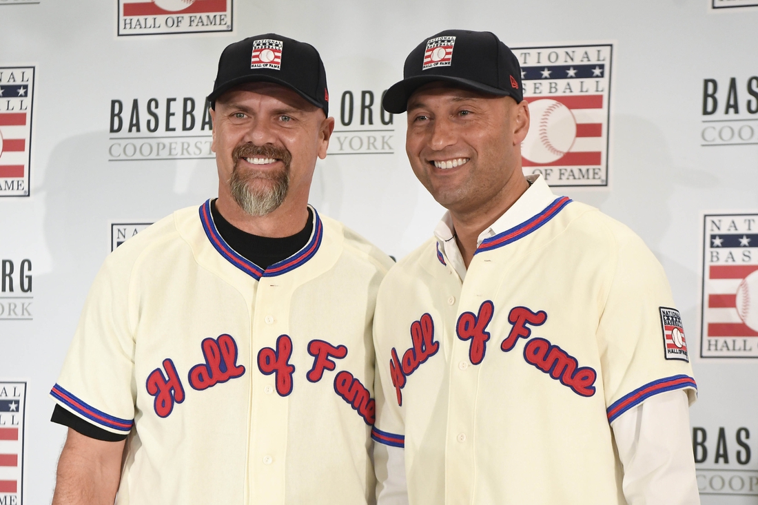 Jan 22, 2020; New York, New York, USA;  New Hall of Fame 2020 inductees Larry Walker, left, and Derek Jeter pose for photos at St. Regis Hotel. Mandatory Credit: Danielle Parhizkaran-USA TODAY Sports