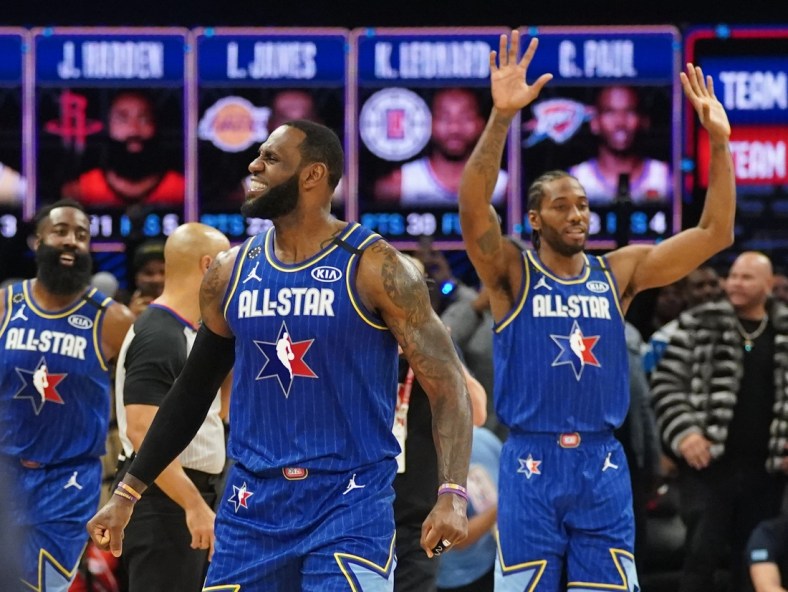 Feb 16, 2020; Chicago, Illinois, USA; Team LeBron forward LeBron James of the Los Angeles Lakers and Team LeBron forward Kawhi Leonard of the LA Clippers celebrate after defeating Team Giannis in the 2020 NBA All Star Game at United Center. Mandatory Credit: Kyle Terada-USA TODAY Sports