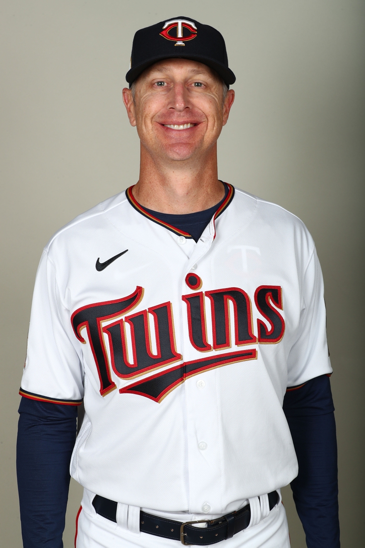 Feb 20, 2020; Lee County, Florida, USA; Minnesota Twins bench coach Mike Bell (27) poses for a photo on media day at CenturyLink Sports Complex.  Mandatory Credit: Kim Klement-USA TODAY Sports