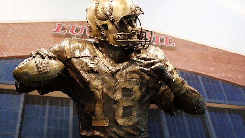 Feb 26, 2020; Indianapolis, Indiana, USA; A Peyton Manning statue on display in the fan fest area during the 2020 NFL Combine at the Indiana Convention Center. Mandatory Credit: Brian Spurlock-USA TODAY Sports