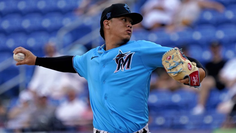 Mar 3, 2020; Port St. Lucie, Florida, USA; Miami Marlins starting pitcher Jordan Yamamoto (50) throws against the New York Mets during the first inning at Clover Park. Mandatory Credit: Steve Mitchell-USA TODAY Sports