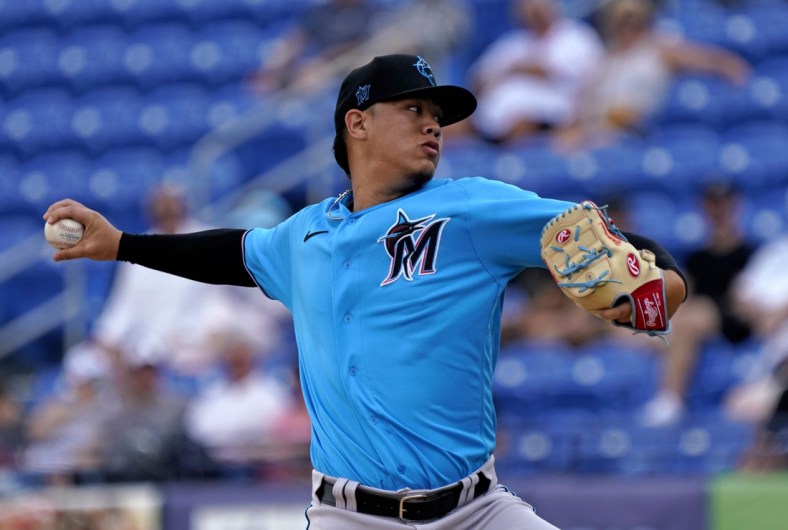 Mar 3, 2020; Port St. Lucie, Florida, USA; Miami Marlins starting pitcher Jordan Yamamoto (50) throws against the New York Mets during the first inning at Clover Park. Mandatory Credit: Steve Mitchell-USA TODAY Sports