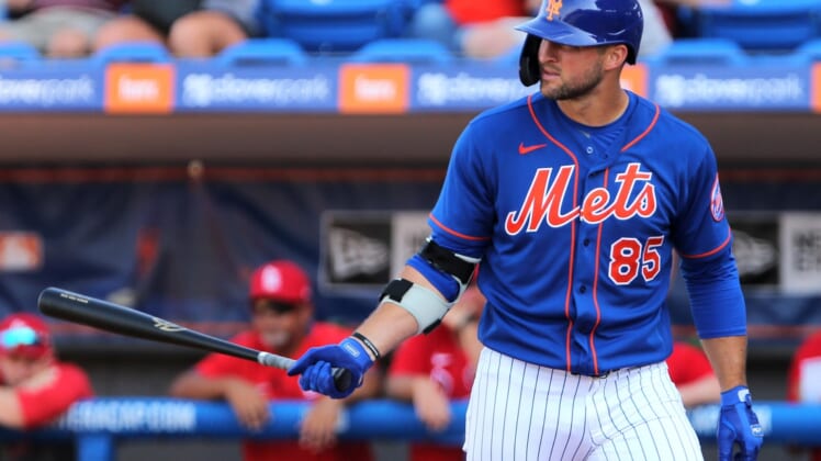 Mar 4, 2020; Port St. Lucie, Florida, USA; New York Mets outfielder Tim Tebow (85) stands at the plate against the St. Louis Cardinals in the the eight inning at First Data Field. Mandatory Credit: Sam Navarro-USA TODAY Sports