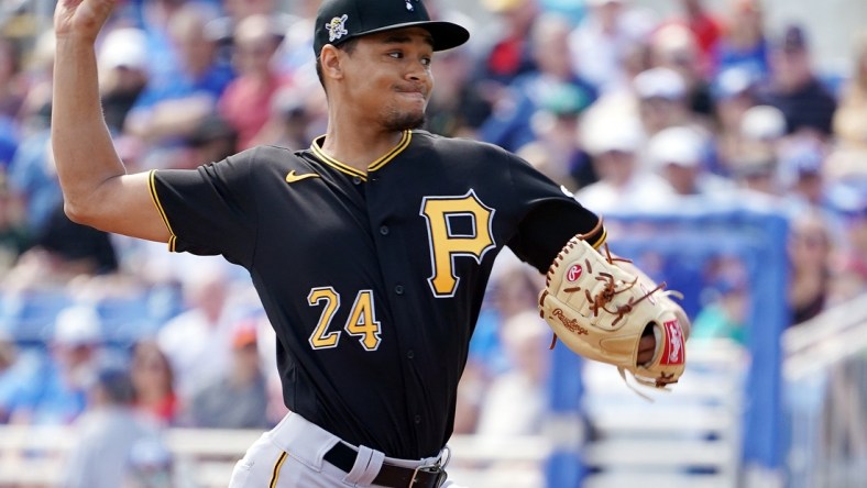 Mar 6, 2020; Dunedin, Florida, USA; Pittsburgh Pirates starting pitcher Chris Archer (24) pitching against the Toronto Blue Jays during the first inning at TD Ballpark. Mandatory Credit: John David Mercer-USA TODAY Sports