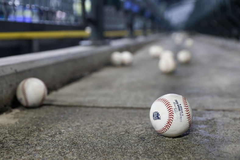 Jul 9, 2020; Seattle, Washington, United States; Baseballs from batting practice litter the first row of the right field stands at T-Mobile Park. Mandatory Credit: Joe Nicholson-USA TODAY Sports
