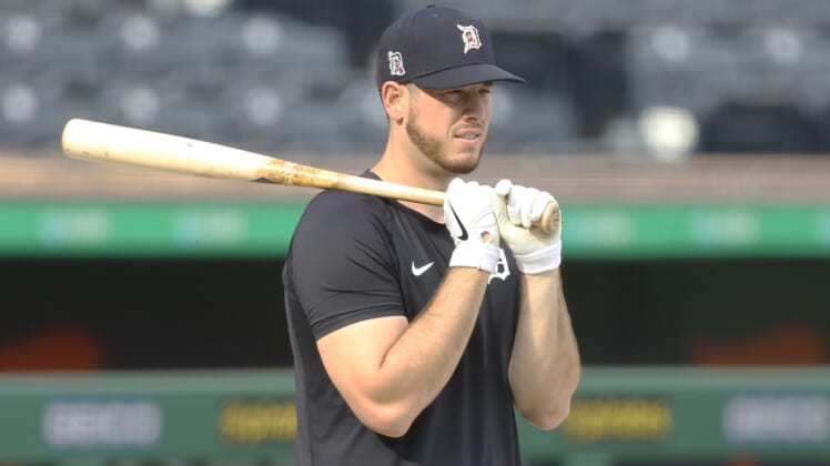 Aug 7, 2020; Pittsburgh, Pennsylvania, USA;  Detroit Tigers first baseman C.J. Cron (26) looks on at  the batting cage before playing the Pittsburgh Pirates at PNC Park. Mandatory Credit: Charles LeClaire-USA TODAY Sports