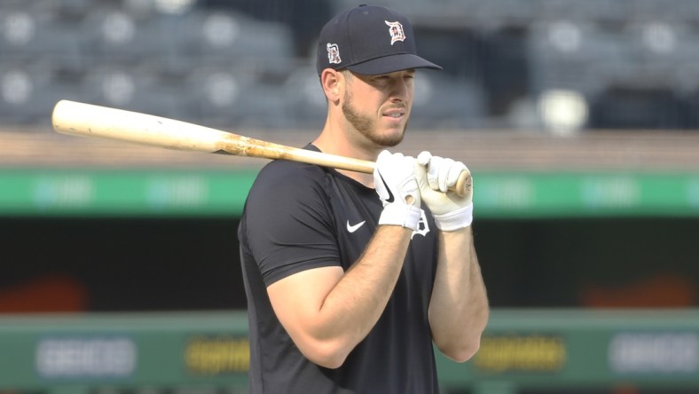 Aug 7, 2020; Pittsburgh, Pennsylvania, USA;  Detroit Tigers first baseman C.J. Cron (26) looks on at  the batting cage before playing the Pittsburgh Pirates at PNC Park. Mandatory Credit: Charles LeClaire-USA TODAY Sports