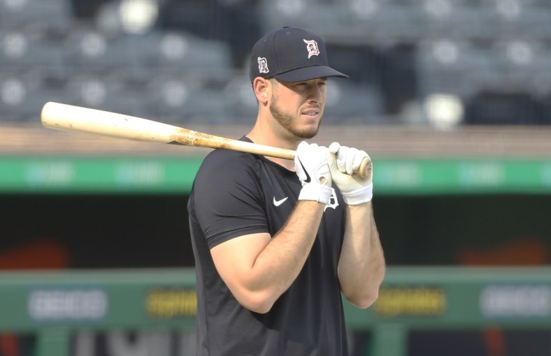 Aug 7, 2020; Pittsburgh, Pennsylvania, USA;  Detroit Tigers first baseman C.J. Cron (26) looks on at  the batting cage before playing the Pittsburgh Pirates at PNC Park. Mandatory Credit: Charles LeClaire-USA TODAY Sports