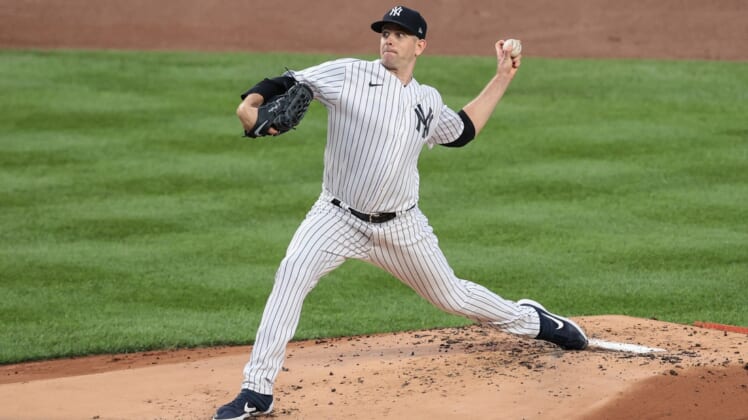 Aug 15, 2020; Bronx, New York, USA; New York Yankees starting pitcher James Paxton (65) delivers a pitch during the top of the first inning against the Boston Red Sox at Yankee Stadium. Mandatory Credit: Vincent Carchietta-USA TODAY Sports