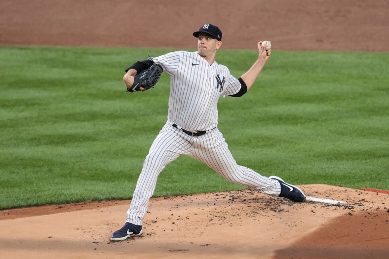 Aug 15, 2020; Bronx, New York, USA; New York Yankees starting pitcher James Paxton (65) delivers a pitch during the top of the first inning against the Boston Red Sox at Yankee Stadium. Mandatory Credit: Vincent Carchietta-USA TODAY Sports