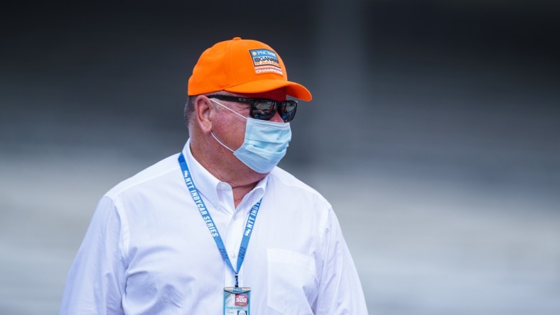 Aug 15, 2020; Indianapolis, IN, USA; IndyCar Series team owner Chip Ganassi during qualifying for the 104th Running of the Indianapolis 500 at Indianapolis Motor Speedway. Mandatory Credit: Mark J. Rebilas-USA TODAY Sports