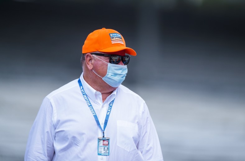 Aug 15, 2020; Indianapolis, IN, USA; IndyCar Series team owner Chip Ganassi during qualifying for the 104th Running of the Indianapolis 500 at Indianapolis Motor Speedway. Mandatory Credit: Mark J. Rebilas-USA TODAY Sports
