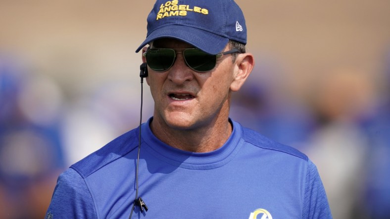 Aug 21, 2020; Thousand Oaks, CA, USA; Los Angeles Rams linebackers coach Joe Barry during training camp at Cal Lutheran University. Mandatory Credit: Kirby Lee-USA TODAY Sports