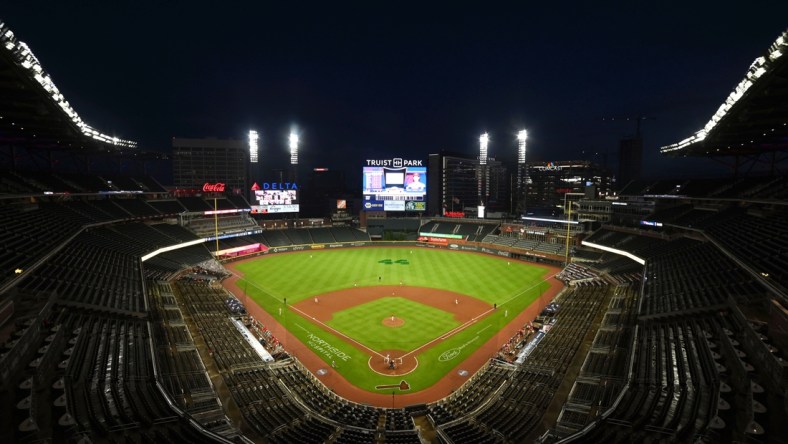 Aug 21, 2020; Cumberland, Georgia, USA; Overall view of Truist Park with a 44 for Hank Aaron painted on the field during the second inning between the Philadelphia Phillies and the Atlanta Braves. Mandatory Credit: Adam Hagy-USA TODAY Sports