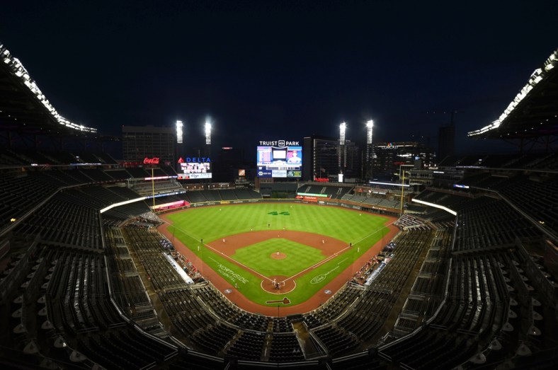 Aug 21, 2020; Cumberland, Georgia, USA; Overall view of Truist Park with a 44 for Hank Aaron painted on the field during the second inning between the Philadelphia Phillies and the Atlanta Braves. Mandatory Credit: Adam Hagy-USA TODAY Sports