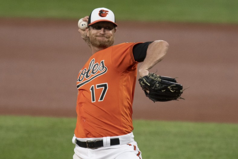 Aug 22, 2020; Baltimore, Maryland, USA;  Baltimore Orioles starting pitcher Alex Cobb (17) delivers a pitch during the first inning against the Boston Red Sox at Oriole Park at Camden Yards. Mandatory Credit: Tommy Gilligan-USA TODAY Sports