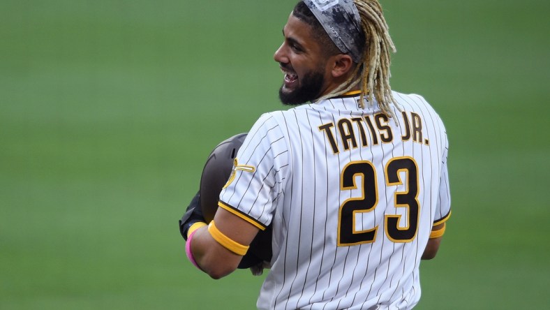 Aug 22, 2020; San Diego, California, USA; San Diego Padres shortstop hitter Fernando Tatis Jr. (23) smiles during the second inning against the Houston Astros at Petco Park. Mandatory Credit: Orlando Ramirez-USA TODAY Sports