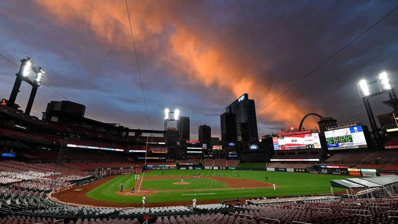 Aug 27, 2020; St. Louis, Missouri, USA;  A view of Busch Stadium as the sunsets during the sixth inning of a game between the St. Louis Cardinals and the Pittsburgh Pirates. Mandatory Credit: Jeff Curry-USA TODAY Sports