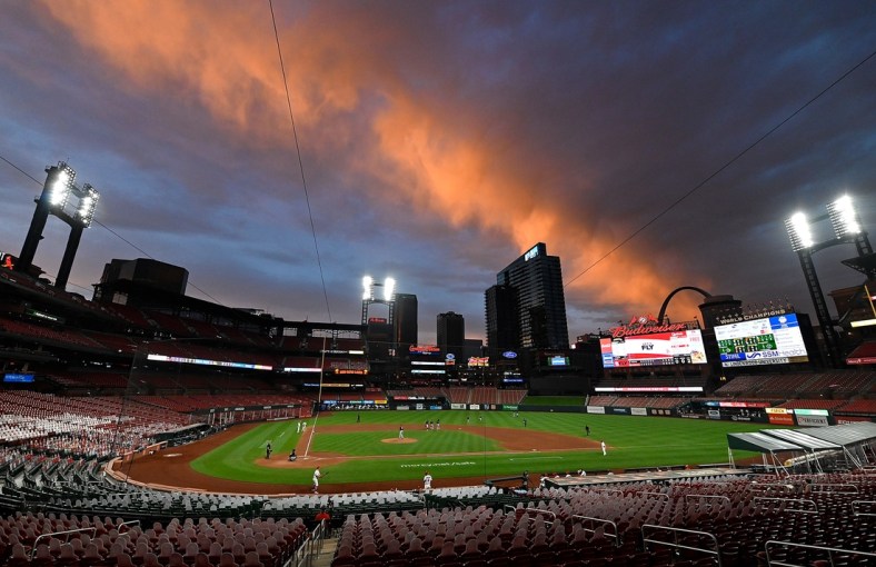 Aug 27, 2020; St. Louis, Missouri, USA;  A view of Busch Stadium as the sunsets during the sixth inning of a game between the St. Louis Cardinals and the Pittsburgh Pirates. Mandatory Credit: Jeff Curry-USA TODAY Sports