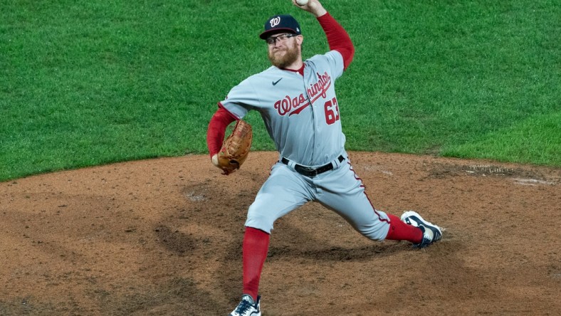 Sep 3, 2020; Philadelphia, Pennsylvania, USA; Washington Nationals relief pitcher Sean Doolittle (63) pitches during the tenth inning against the Philadelphia Phillies at Citizens Bank Park. Mandatory Credit: Bill Streicher-USA TODAY Sports