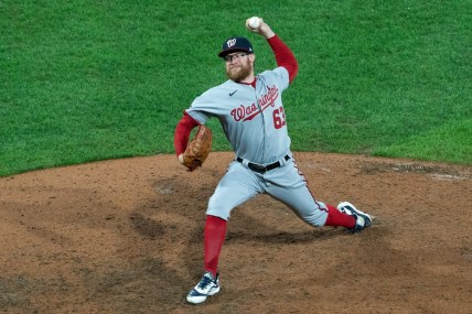 Sep 3, 2020; Philadelphia, Pennsylvania, USA; Washington Nationals relief pitcher Sean Doolittle (63) pitches during the tenth inning against the Philadelphia Phillies at Citizens Bank Park. Mandatory Credit: Bill Streicher-USA TODAY Sports