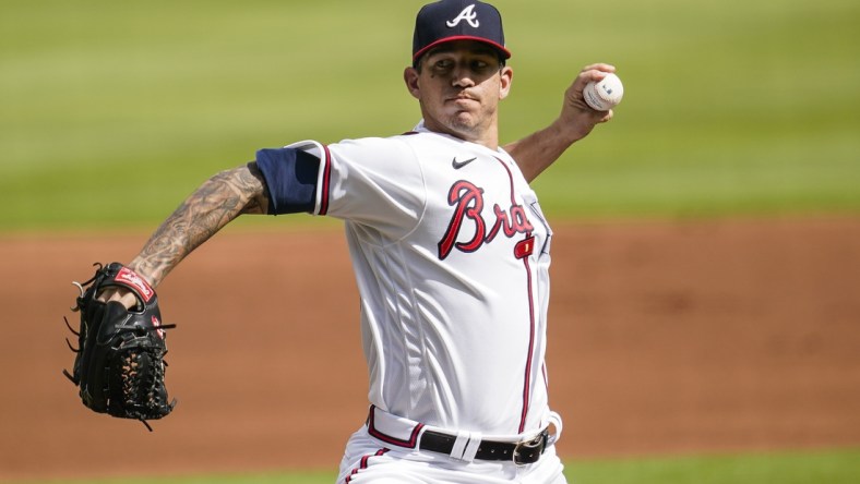 Sep 4, 2020; Cumberland, Georgia, USA; Atlanta Braves starting pitcher Tommy Milone (53) pitches against the Washington Nationals during the first inning at Truist Park. Mandatory Credit: Dale Zanine-USA TODAY Sports