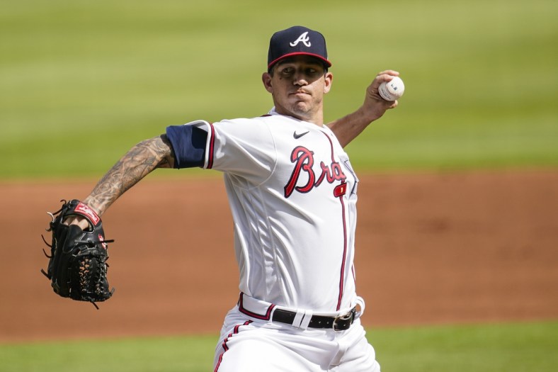Sep 4, 2020; Cumberland, Georgia, USA; Atlanta Braves starting pitcher Tommy Milone (53) pitches against the Washington Nationals during the first inning at Truist Park. Mandatory Credit: Dale Zanine-USA TODAY Sports