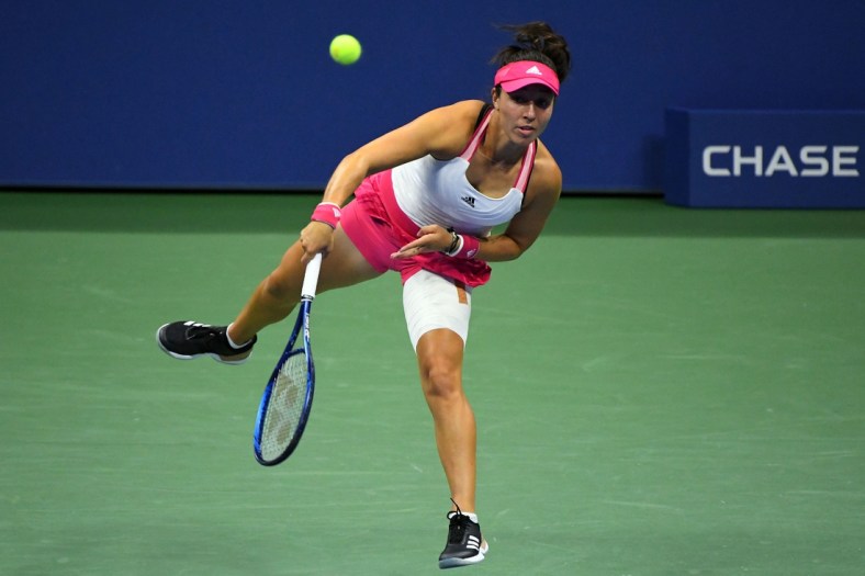 Sep 4, 2020; Flushing Meadows, New York, USA; Jessica Pegula of the United States serves the ball against Petra Kvitova of Czech Republic on day five of the 2020 U.S. Open tennis tournament at USTA Billie Jean King National Tennis Center. Mandatory Credit: Robert Deutsch-USA TODAY Sports