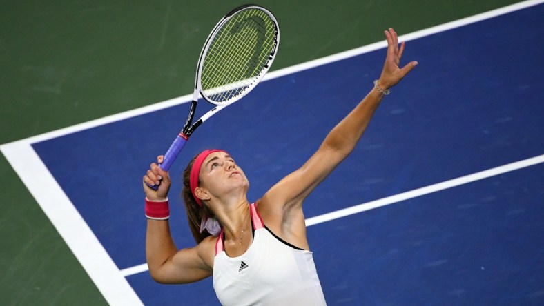 Sep 7, 2020; Flushing Meadows, New York, USA; Karolina Muchova of the Czech Republic serves the ball against Victoria Azarenka of Belarus on day eight of the 2020 U.S. Open tennis tournament at USTA Billie Jean King National Tennis Center. Mandatory Credit: Robert Deutsch-USA TODAY Sports