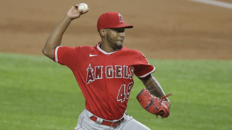 Sep 9, 2020; Arlington, Texas, USA; Los Angeles Angels starting pitcher Julio Teheran (49) throws a pitch in the first inning against the Texas Rangers at Globe Life Field. Mandatory Credit: Tim Heitman-USA TODAY Sports