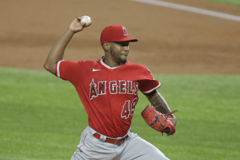 Sep 9, 2020; Arlington, Texas, USA; Los Angeles Angels starting pitcher Julio Teheran (49) throws a pitch in the first inning against the Texas Rangers at Globe Life Field. Mandatory Credit: Tim Heitman-USA TODAY Sports