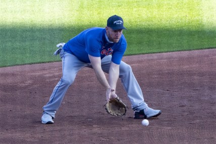 Sep 11, 2020; Buffalo, New York, USA; New York Mets third baseman Todd Frazier (33) takes infield practice prior to the game against the Toronto Blue Jays at Sahlen FIeld. Mandatory Credit: Gregory Fisher-USA TODAY Sports
