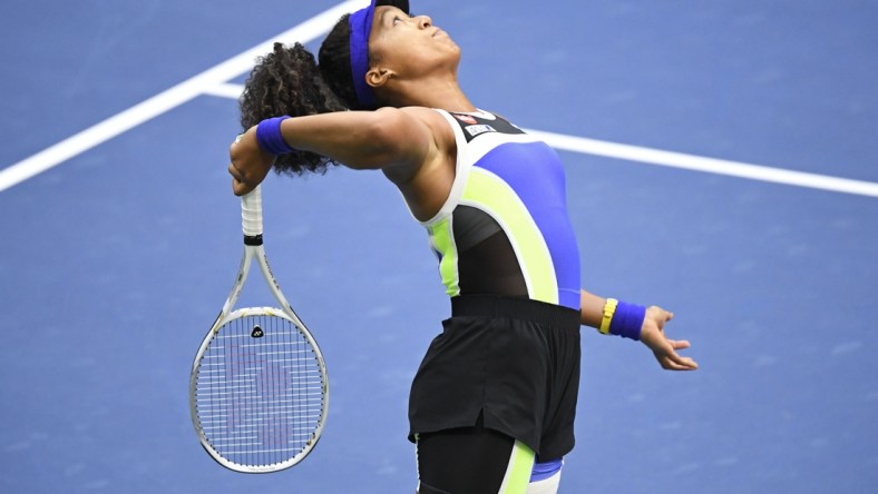 Sep 12, 2020; Flushing Meadows, New York, USA;  Naomi Osaka of Japan faces Victoria Azarenka of Belarus in the women's singles final of the 2020 U.S. Open tennis tournament at the USTA Billie Jean King Tennis Center. Mandatory Credit: Danielle Parhizkaran-USA TODAY Sports