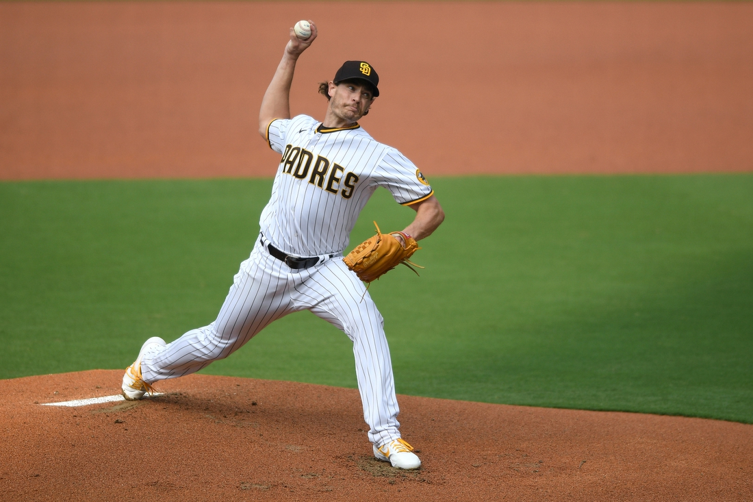 Sep 13, 2020; San Diego, California, USA; San Diego Padres starting pitcher Garrett Richards (43) pitches during the first inning against the San Francisco Giants at Petco Park. Mandatory Credit: Orlando Ramirez-USA TODAY Sports