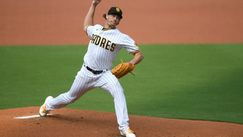 Sep 13, 2020; San Diego, California, USA; San Diego Padres starting pitcher Garrett Richards (43) pitches during the first inning against the San Francisco Giants at Petco Park. Mandatory Credit: Orlando Ramirez-USA TODAY Sports