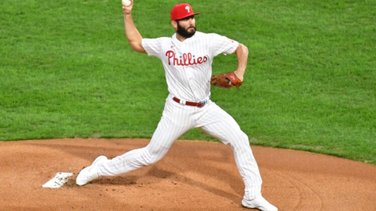 Sep 15, 2020; Philadelphia, Pennsylvania, USA; Philadelphia Phillies starting pitcher Jake Arrieta (49) throws a pitch during the first inning against the New York Mets at Citizens Bank Park. Mandatory Credit: Eric Hartline-USA TODAY Sports