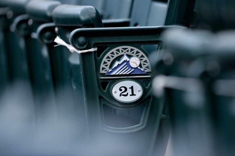Sep 20, 2020; Denver, Colorado, USA; A general view of a seat at Coors Field in the eighth inning of the game between the Colorado Rockies and the Los Angeles Dodgers. Mandatory Credit: Isaiah J. Downing-USA TODAY Sports