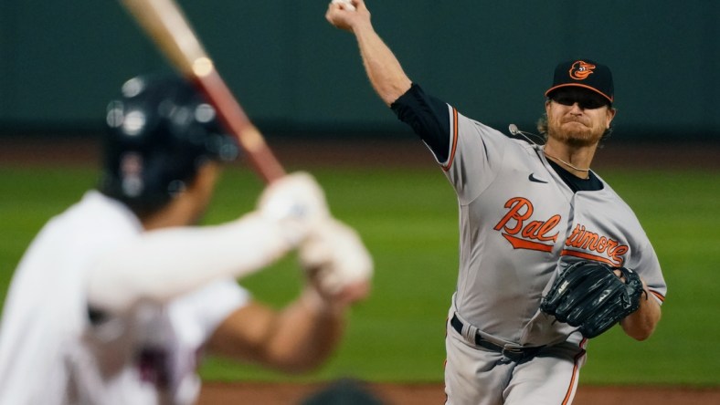 Sep 24, 2020; Boston, Massachusetts, USA; Baltimore Orioles starting pitcher Alex Cobb (17) throws a pitch against the Boston Red Sox in the first inning at Fenway Park. Mandatory Credit: David Butler II-USA TODAY Sports