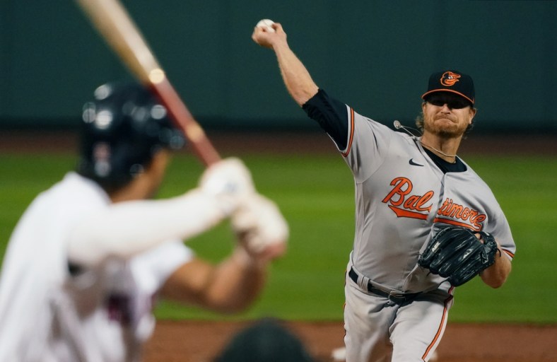 Sep 24, 2020; Boston, Massachusetts, USA; Baltimore Orioles starting pitcher Alex Cobb (17) throws a pitch against the Boston Red Sox in the first inning at Fenway Park. Mandatory Credit: David Butler II-USA TODAY Sports