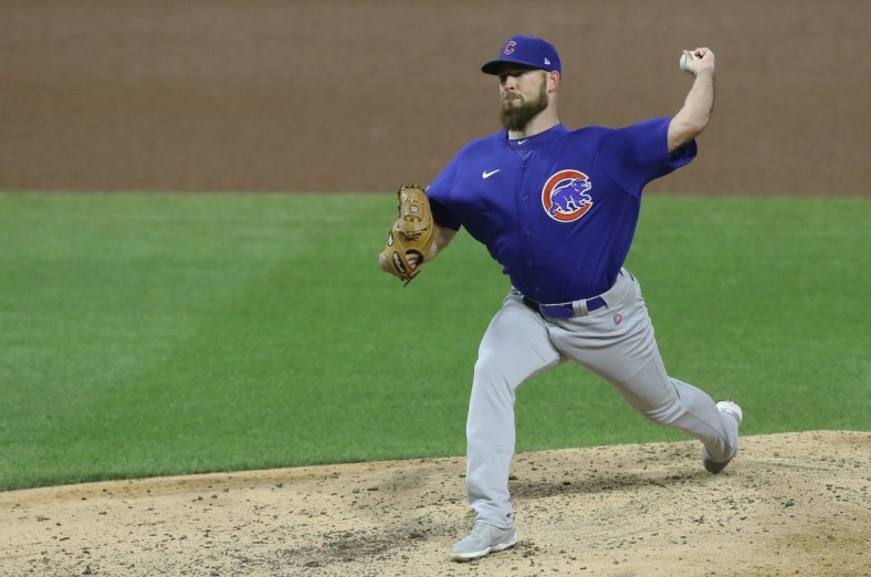 Sep 22, 2020; Pittsburgh, Pennsylvania, USA;  Chicago Cubs relief pitcher Kyle Ryan (56) pitches against the Pittsburgh Pirates during the seventh inning at PNC Park. Pittsburgh won 3-2. Mandatory Credit: Charles LeClaire-USA TODAY Sports