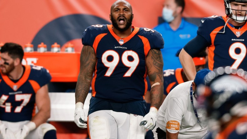 Sep 14, 2020; Denver, Colorado, USA; Denver Broncos defensive end Jurrell Casey (99) in the fourth quarter against the Tennessee Titans at Empower Field at Mile High. Mandatory Credit: Isaiah J. Downing-USA TODAY Sports