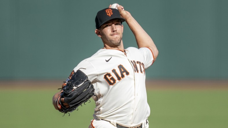 September 25, 2020; San Francisco, California, USA; San Francisco Giants starting pitcher Tyler Anderson (31) pitches against the San Diego Padres during the first inning of game one of a double header at Oracle Park. Mandatory Credit: Kyle Terada-USA TODAY Sports