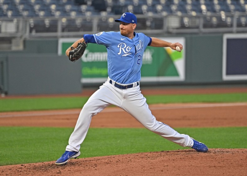 Sep 26, 2020; Kansas City, Missouri, USA;  Kansas City Royals relief pitcher Mike Montgomery (21) delivers a pitch during the second inning against the Detroit Tigers at Kauffman Stadium. Mandatory Credit: Peter Aiken-USA TODAY Sports