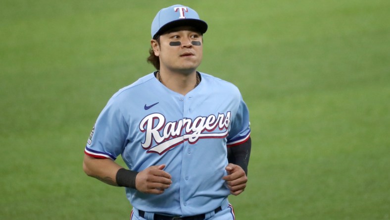 Sep 27, 2020; Arlington, Texas, USA;  Texas Rangers designated hitter Shin-Soo Choo (17) warms up before the game against the Houston Astros at Globe Life Field. Mandatory Credit: Kevin Jairaj-USA TODAY Sports