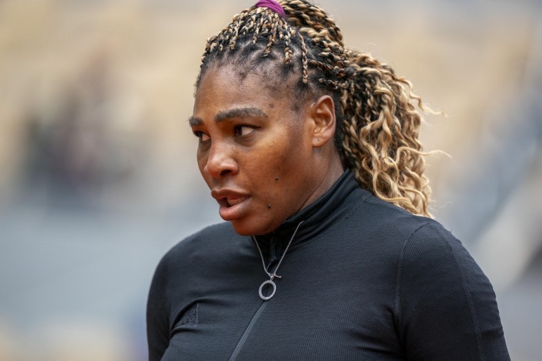 Sep 28, 2020; Paris, France; Serena Williams (USA) during her match against Kristie Ahn (USA) on day two of the 2020 French Open at Stade Roland Garros. Mandatory Credit: Susan Mullane-USA TODAY Sports