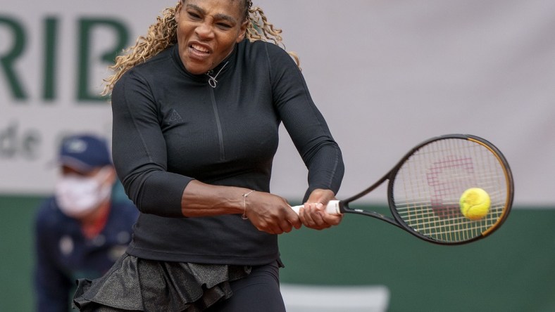 Sep 28, 2020; Paris, France; Serena Williams (USA) in action during her match against Kristie Ahn (USA) on day two of the 2020 French Open at Stade Roland Garros. Mandatory Credit: Susan Mullane-USA TODAY Sports