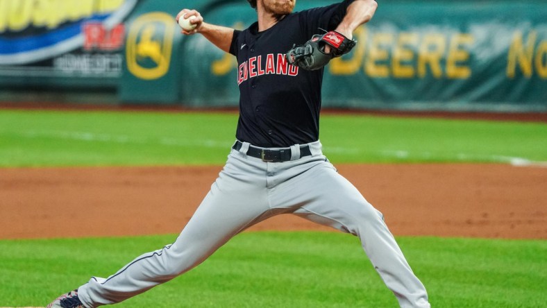 Aug 31, 2020; Kansas City, Missouri, USA; Cleveland Indians starting pitcher Shane Bieber (57) pitches against the Kansas City Royals at Kauffman Stadium. Mandatory Credit: Jay Biggerstaff-USA TODAY Sports