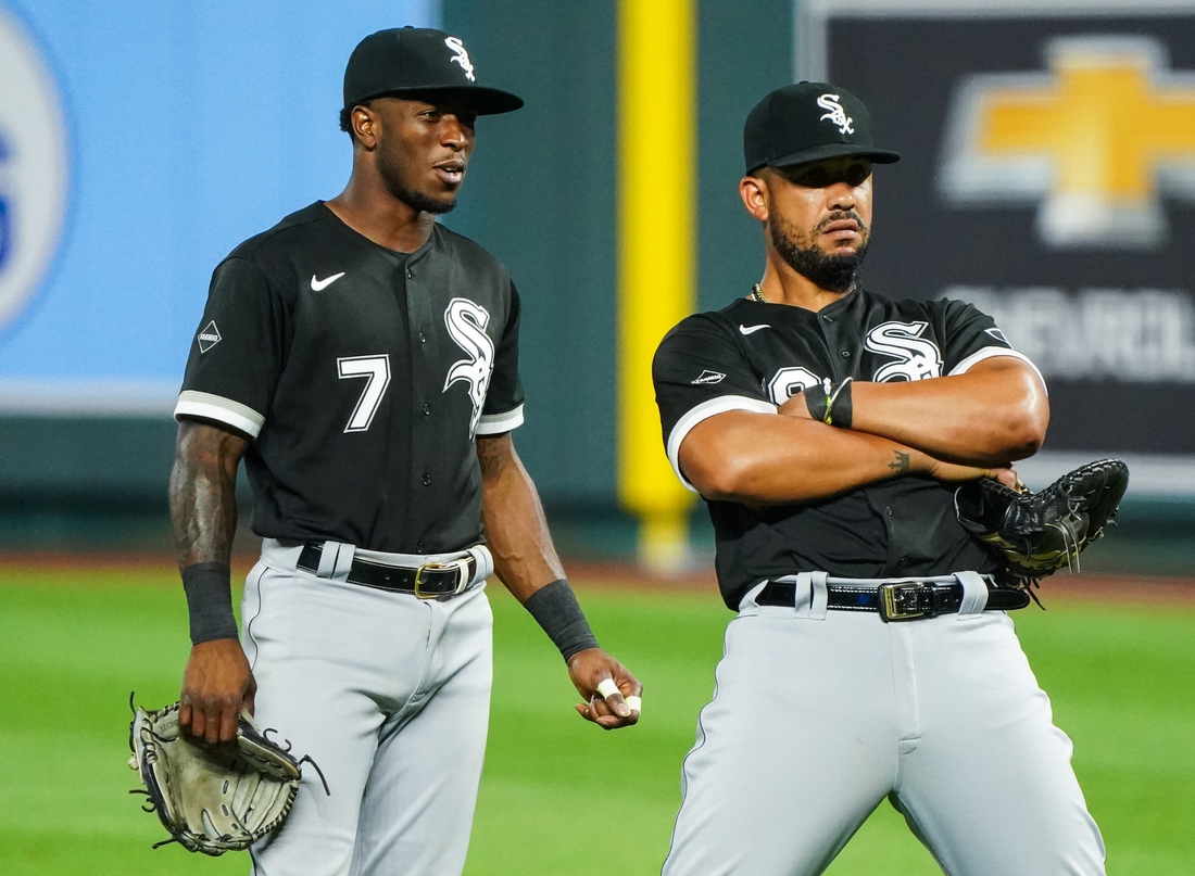 Sep 3, 2020; Kansas City, Missouri, USA; Chicago White Sox shortstop Tim Anderson (7) talks with first baseman Jose Abreu (79) during the sixth inning against the Kansas City Royals at Kauffman Stadium. Mandatory Credit: Jay Biggerstaff-USA TODAY Sports