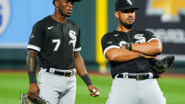 Sep 3, 2020; Kansas City, Missouri, USA; Chicago White Sox shortstop Tim Anderson (7) talks with first baseman Jose Abreu (79) during the sixth inning against the Kansas City Royals at Kauffman Stadium. Mandatory Credit: Jay Biggerstaff-USA TODAY Sports